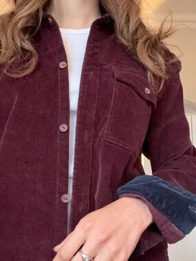 Jack South London Burgundy Corduroy Shacket Navy Contrast Cuffs Size M